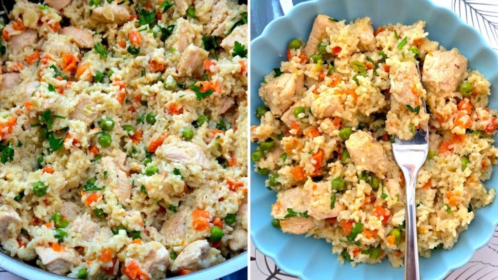 kurczak z ryżem, marchewką i groszkiem