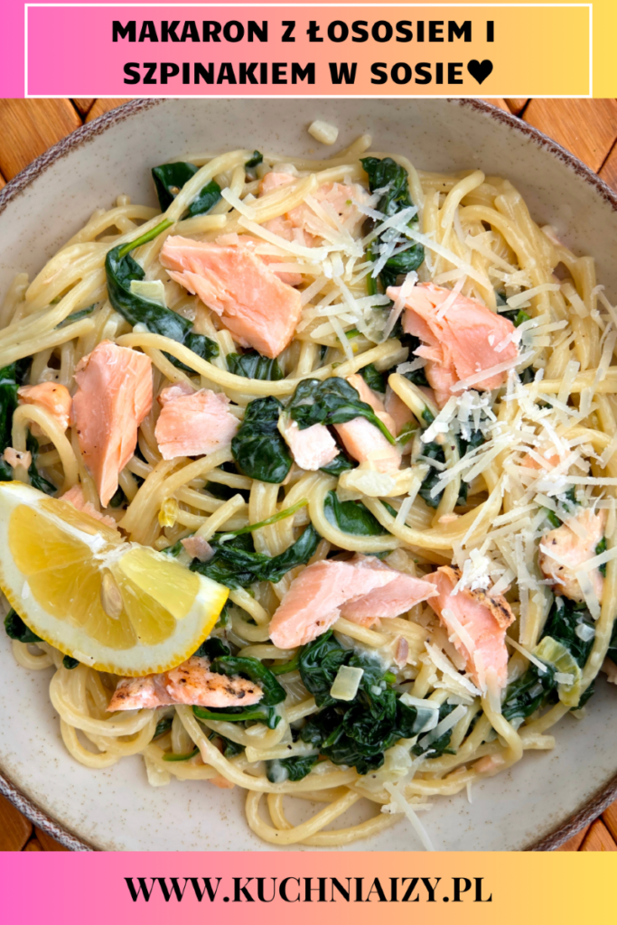 makaron z łososiem i szpinakiem