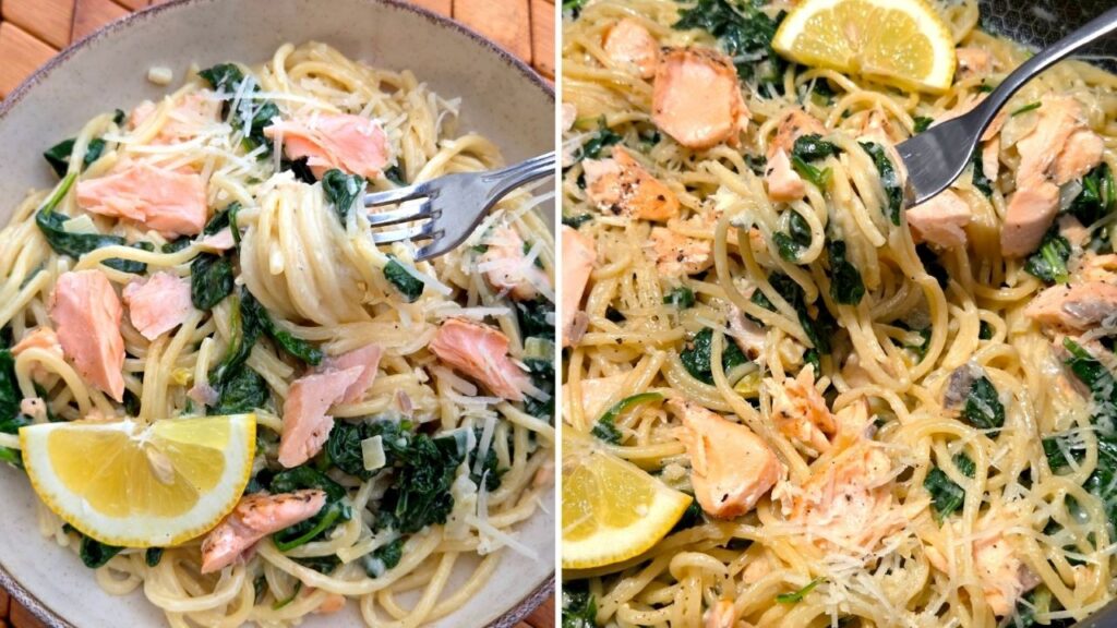 makaron z łososiem i szpinakiem przepis